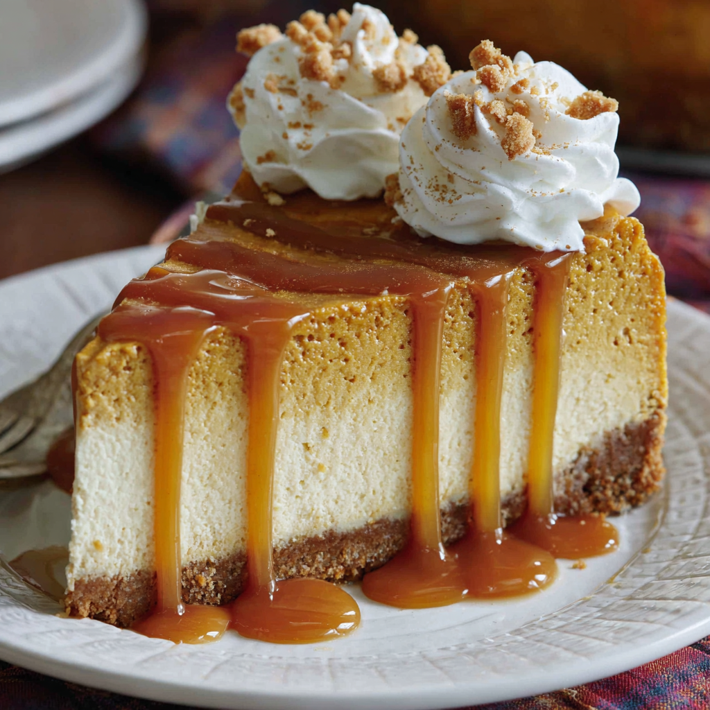 Whole pumpkin cheesecake topped with whipped cream and caramel on a holiday table
