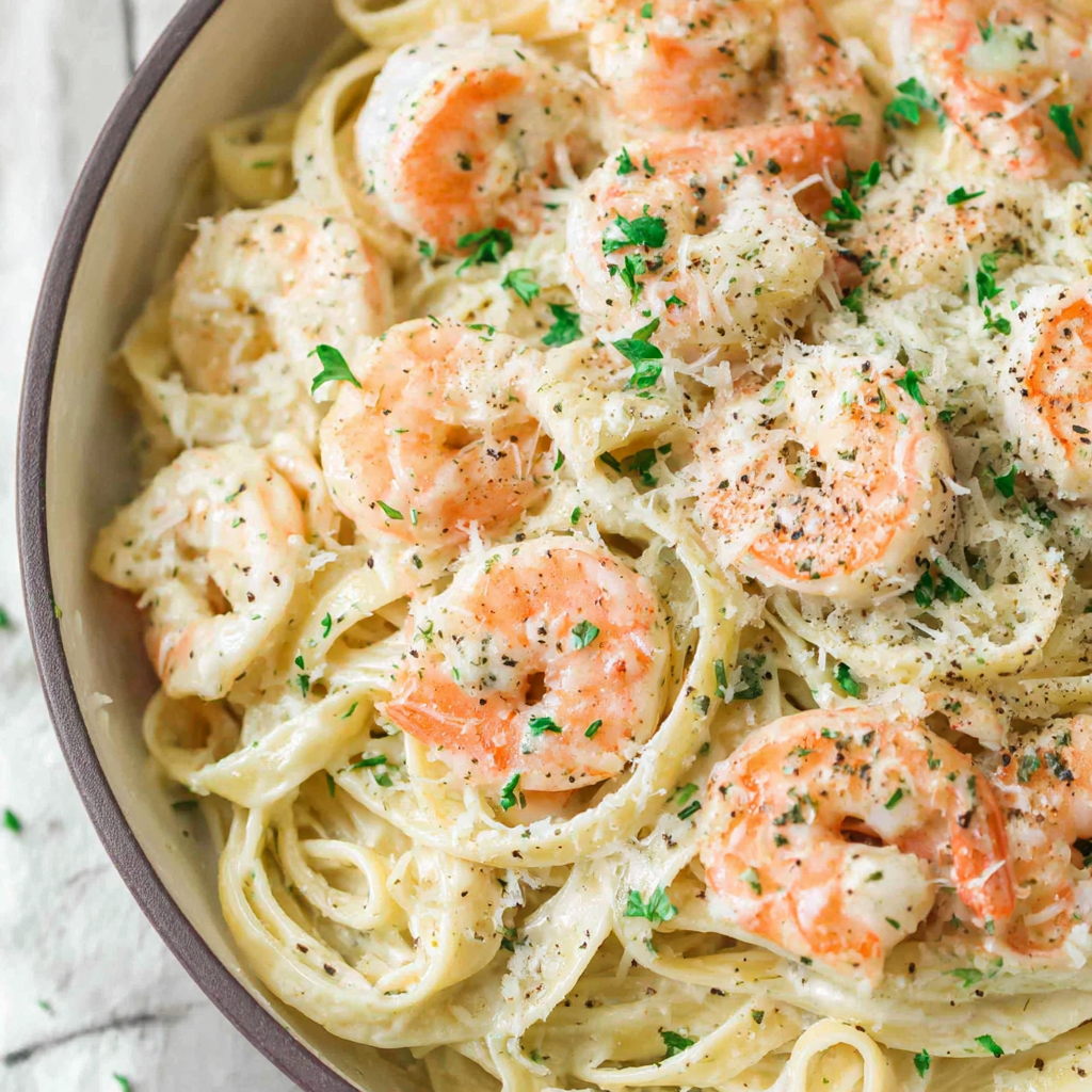 Skillet with shrimp alfredo sauce and fettuccine