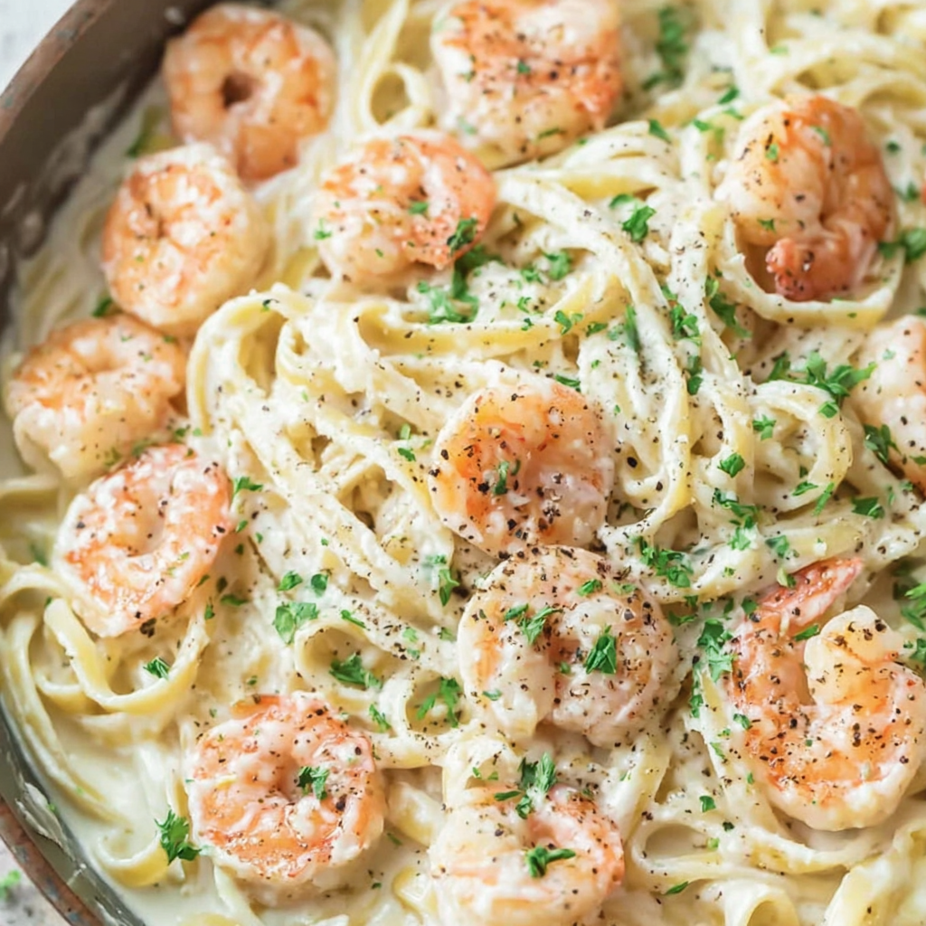 Close-up of creamy shrimp pasta twirled on a fork