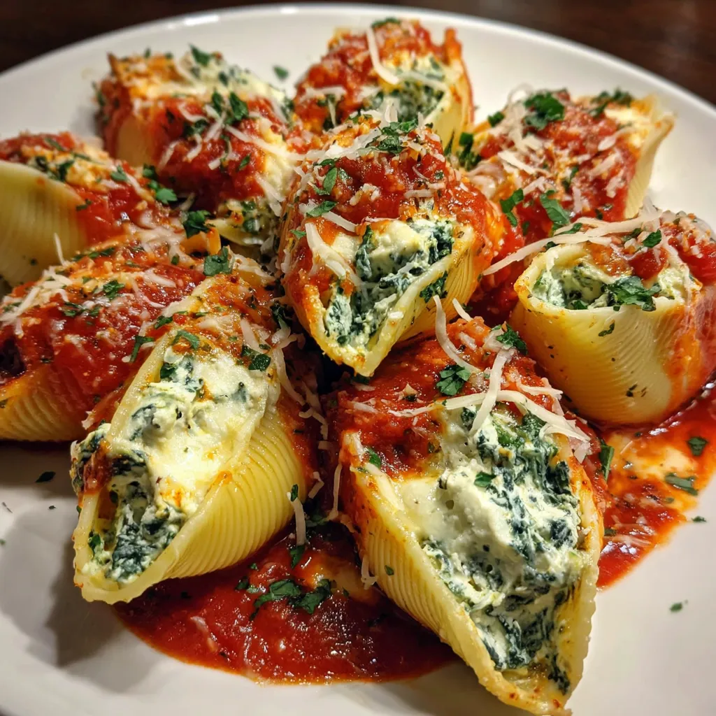 Close up of baked stuffed shells with melted cheese