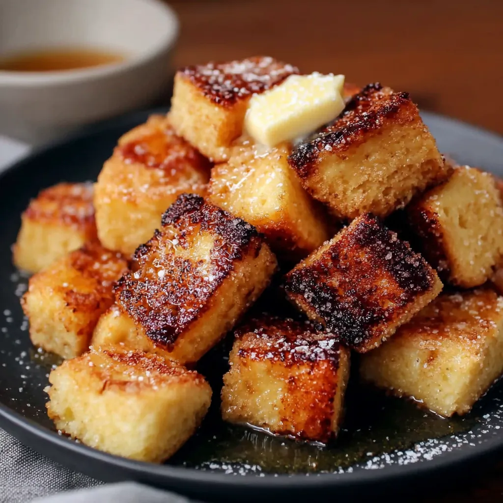 Golden cinnamon coated French toast bites in a skillet