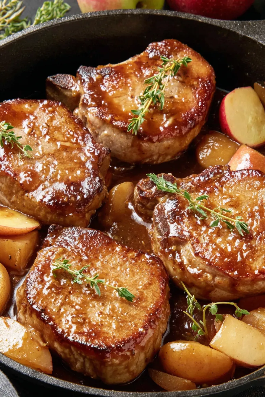 Seared pork chop with apple butter glaze in skillet