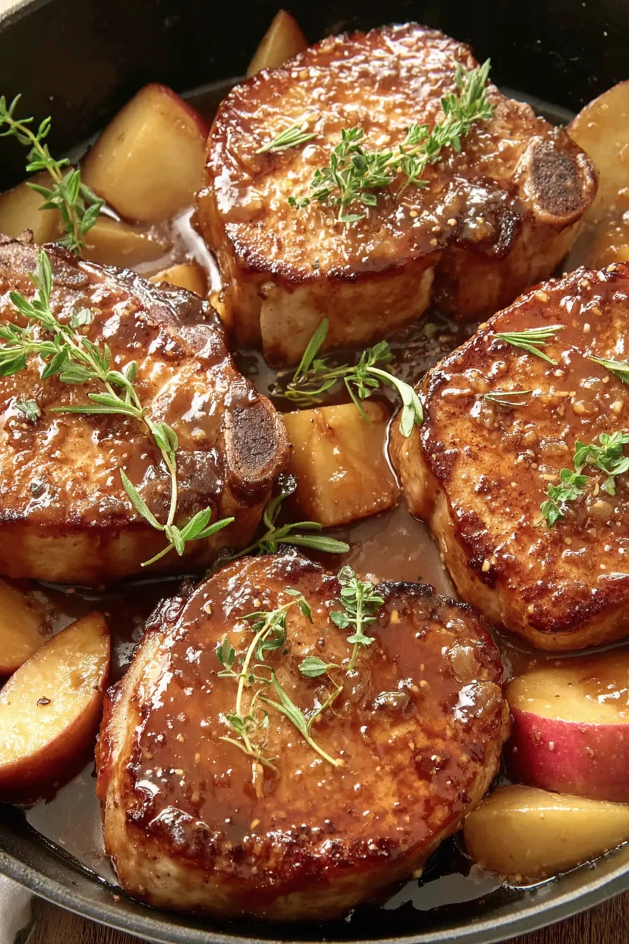 Plated pork chop with apples and onions