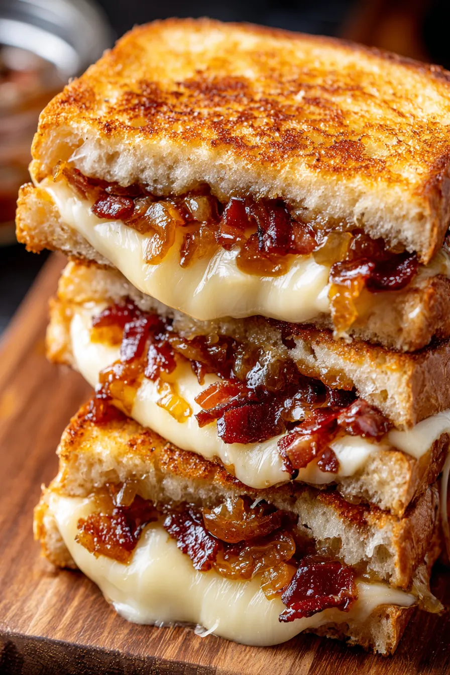 Bacon and caramelized onion grilled cheese on a cutting board