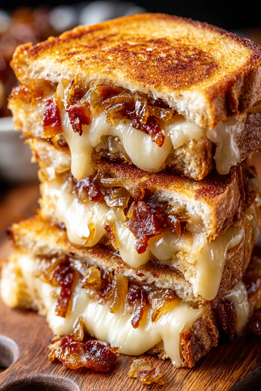 Stacked grilled cheese with caramelized onions and bacon