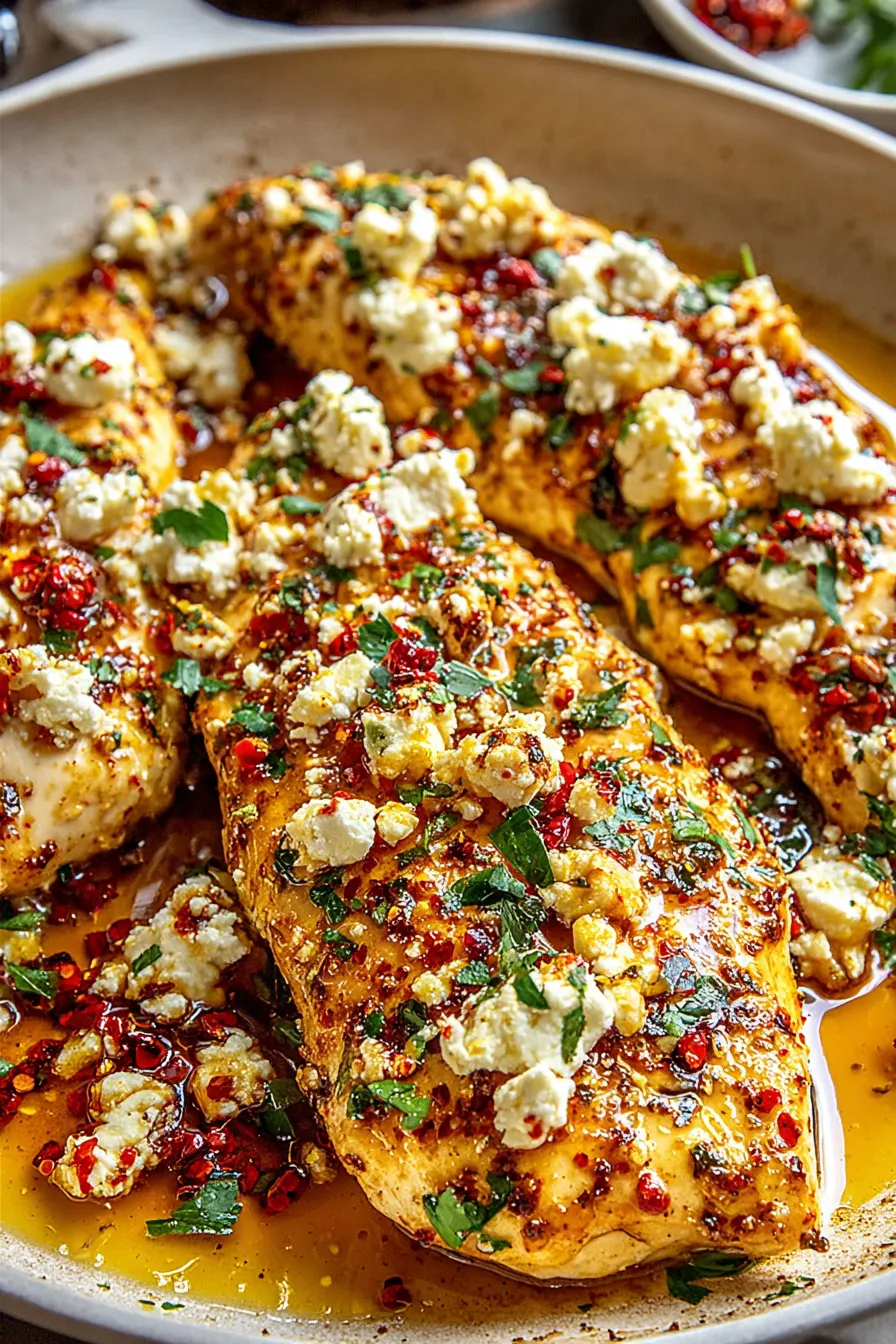 Hot Honey Feta Chicken in baking dish, golden and bubbling