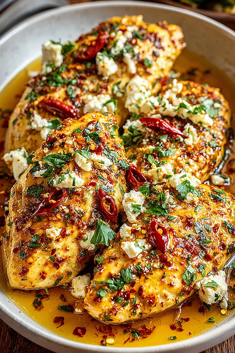 Sliced hot honey feta chicken plated with parsley garnish