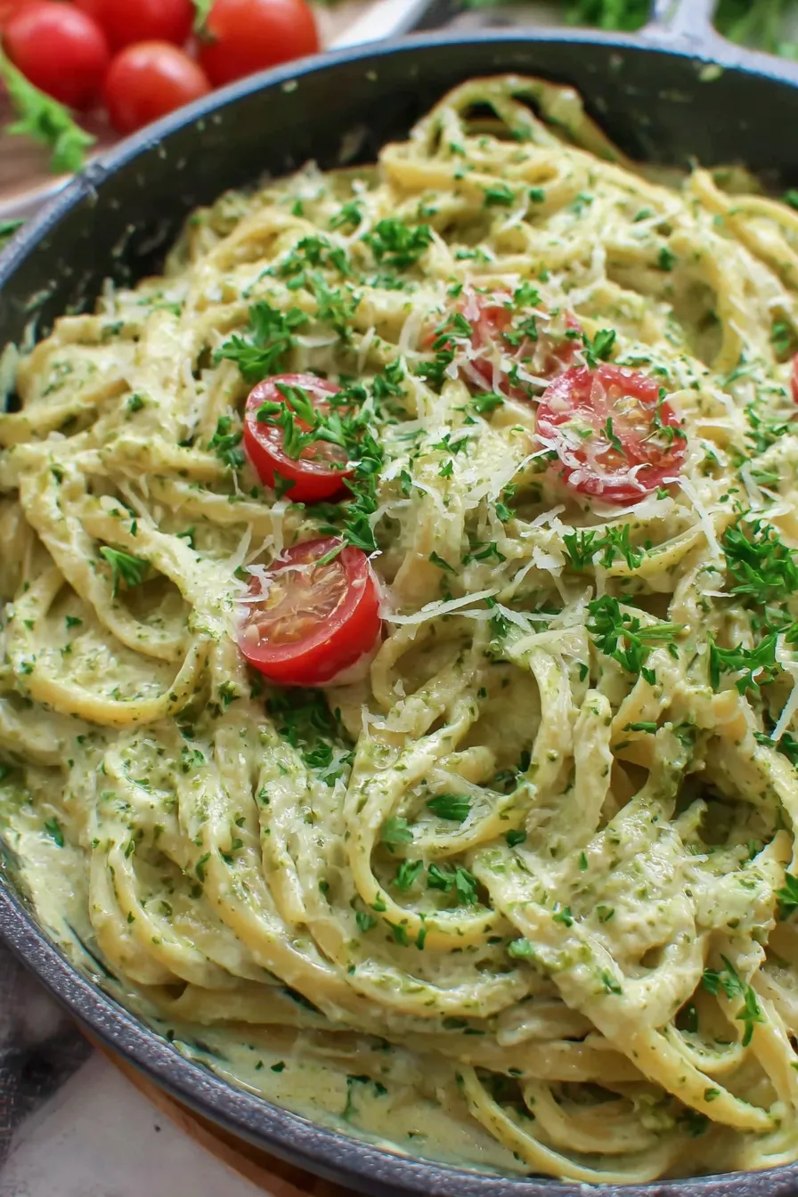 Creamy pesto sauce in saucepan