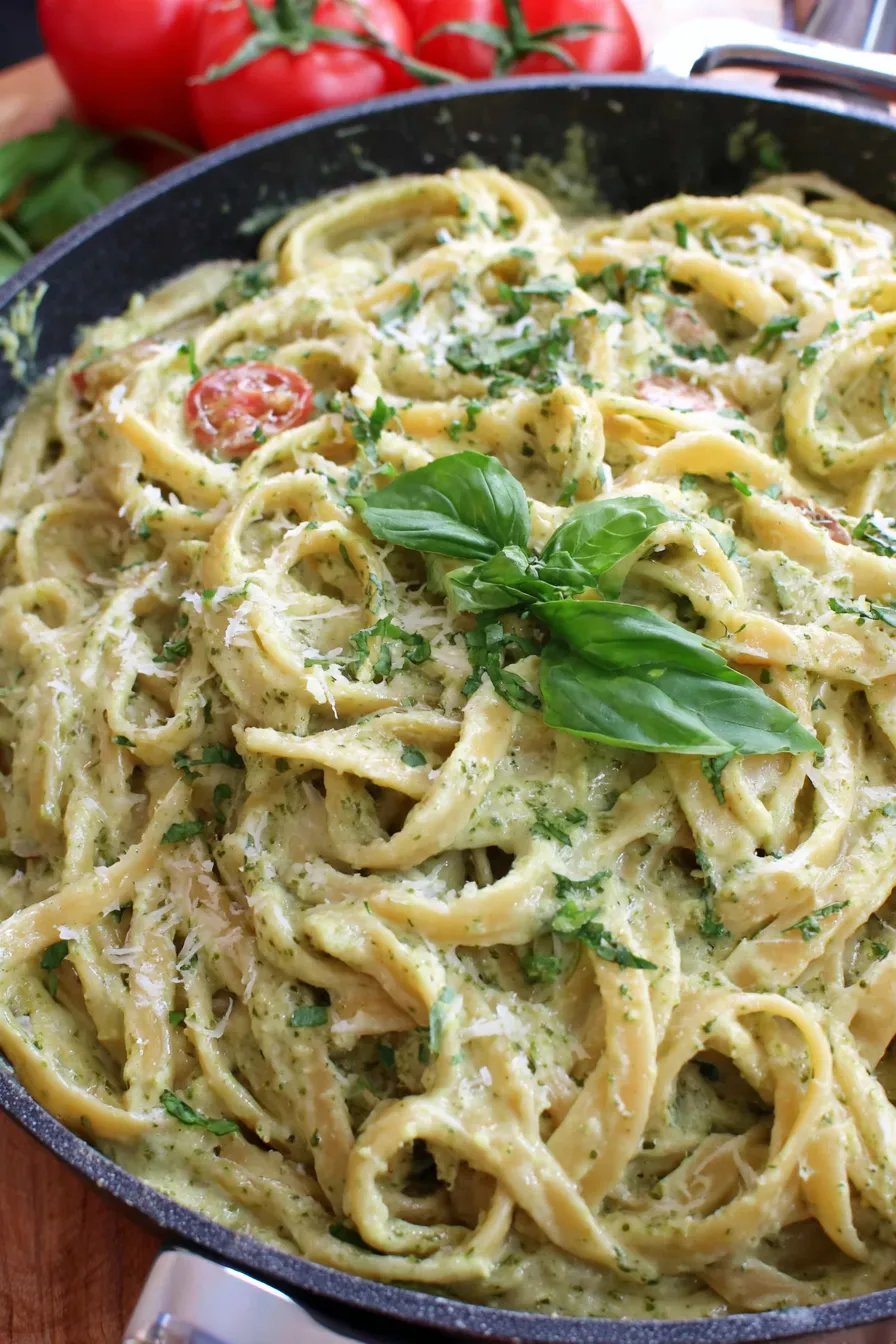 Plated creamy pesto pasta