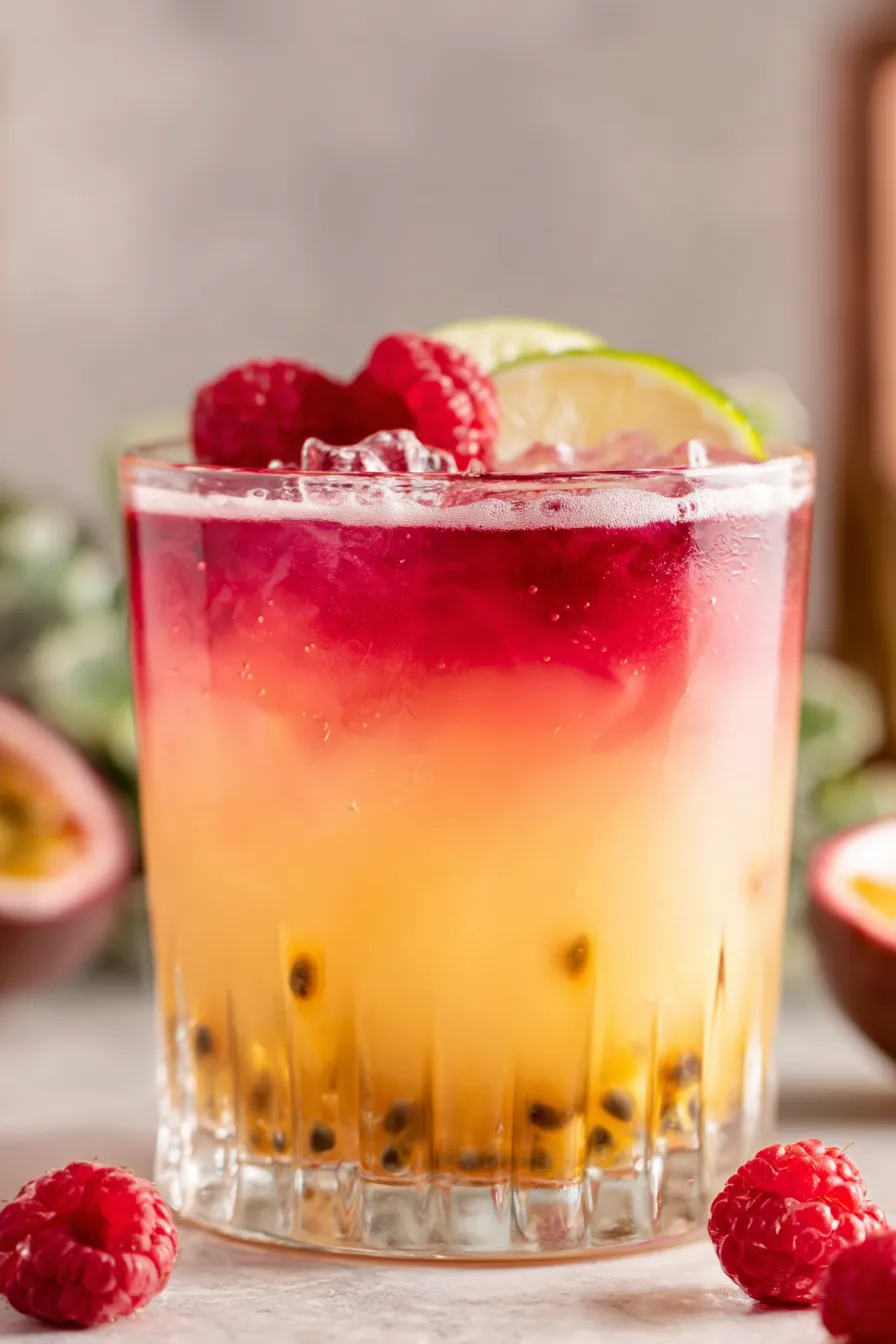 Raspberry Passionfruit Tequila Sour in coupe glass with raspberries