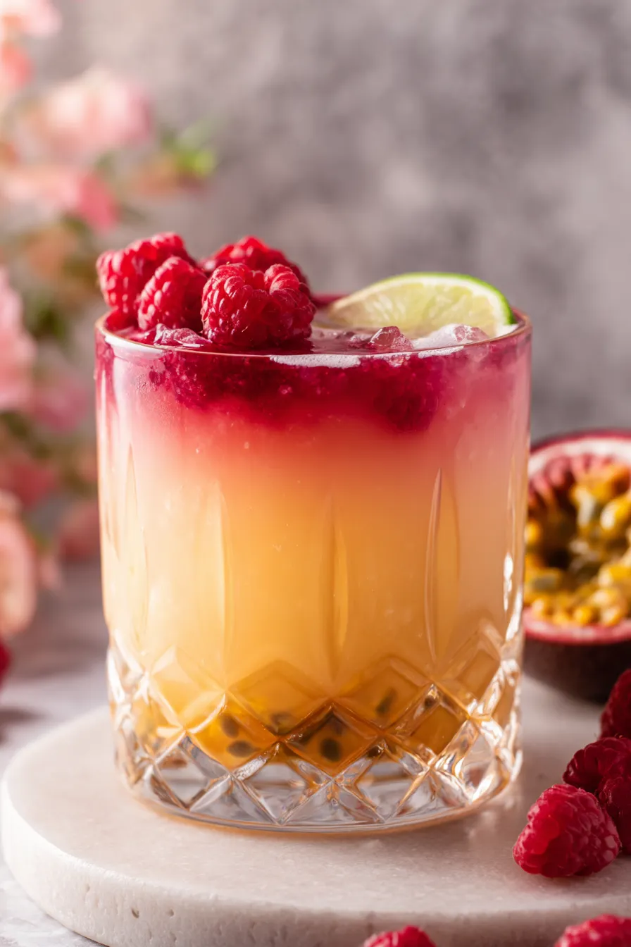 Two Raspberry Passionfruit Tequila Sours with lime wedges