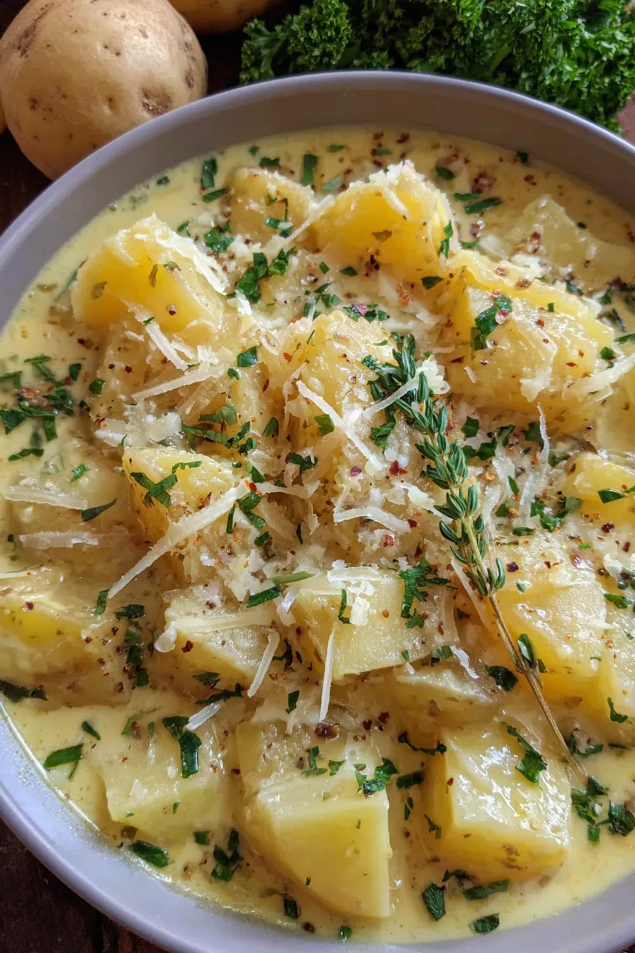 Creamy bowl of cheddar garlic herb potato soup in a white bowl topped with chives