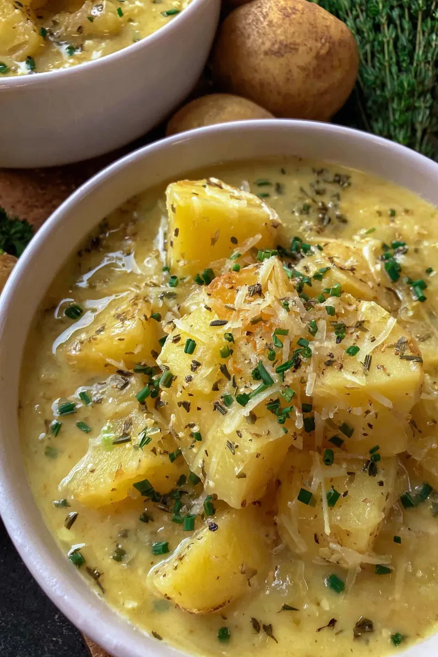 Close-up of soup being ladled with melted cheese and herbs