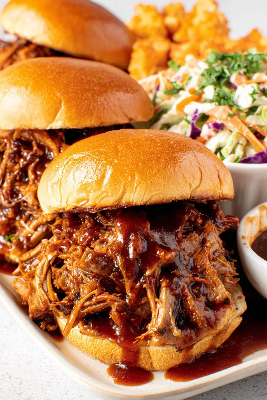 Pulled pork piled on toasted brioche with coleslaw