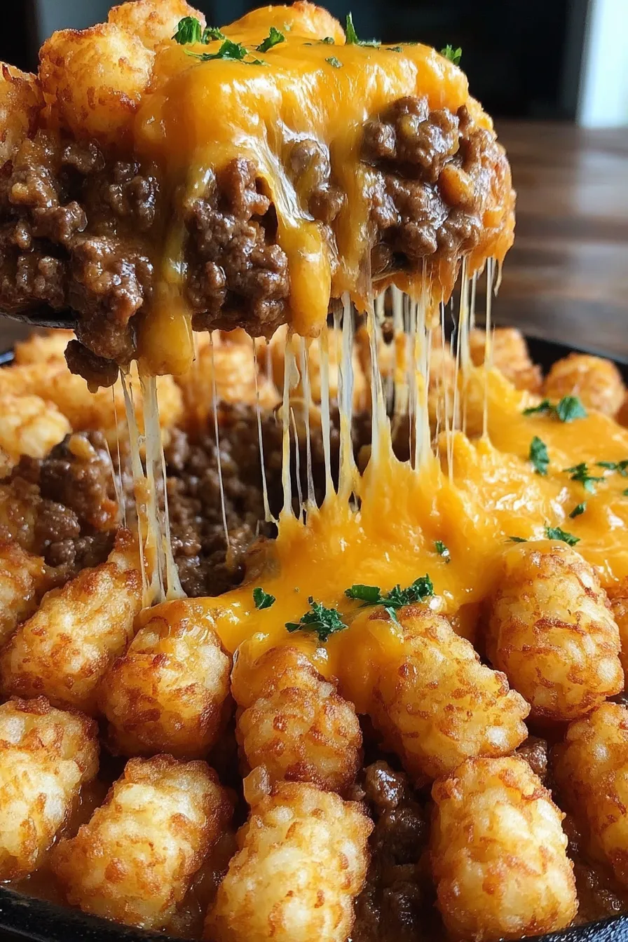 Baked tater tot casserole in a casserole dish