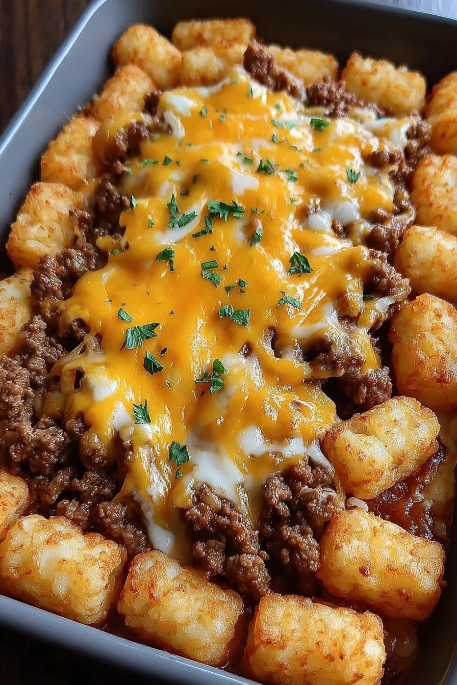 Close-up of tater tot casserole layers