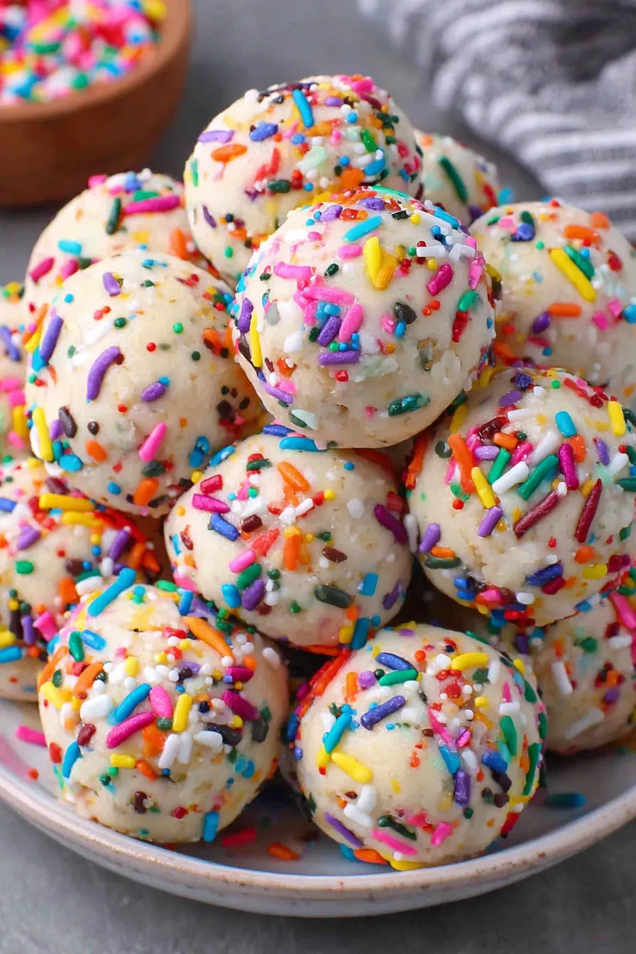 Birthday Cake Protein Balls on a parchment-lined plate