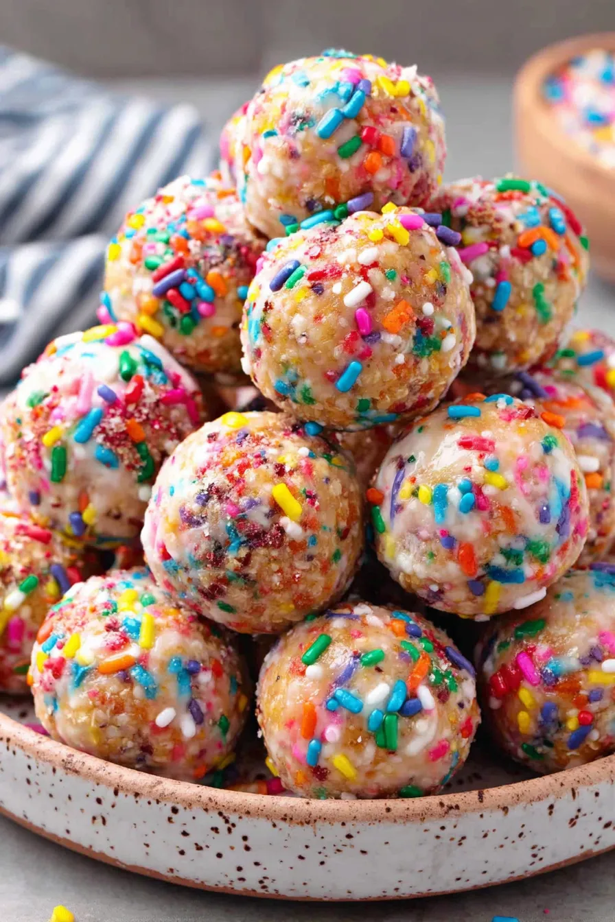 Close-up of a single Birthday Cake Protein Ball