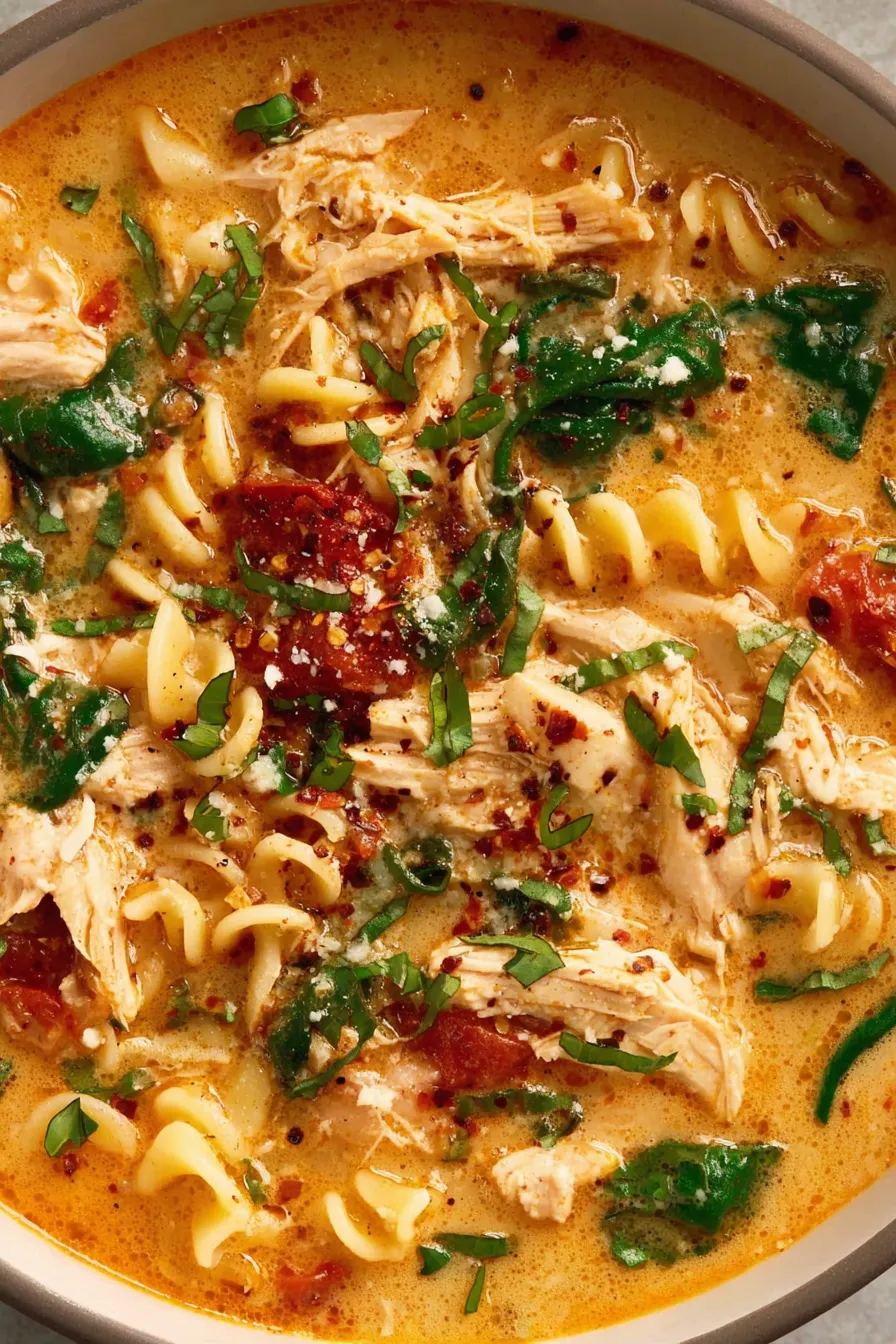 Marry Me Chicken Soup in a bowl with basil and Parmesan