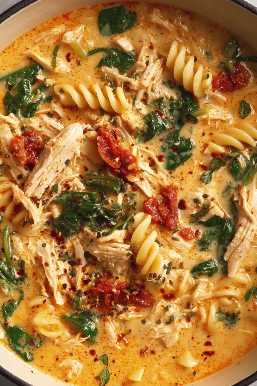 Close-up of rotini and chicken in creamy tomato broth