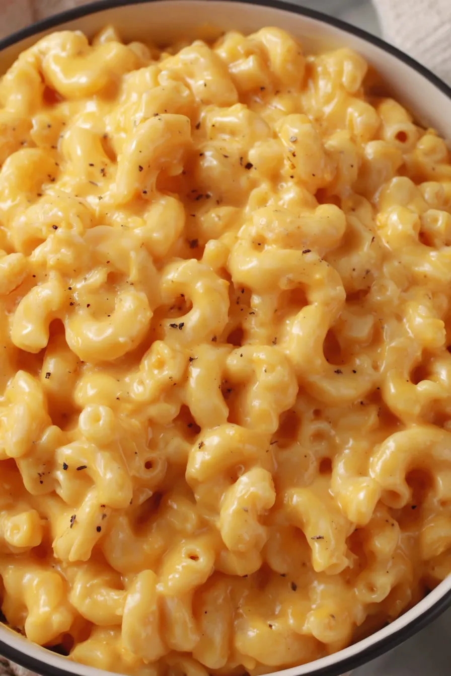 Serving bowl of mac and cheese with crumb topping