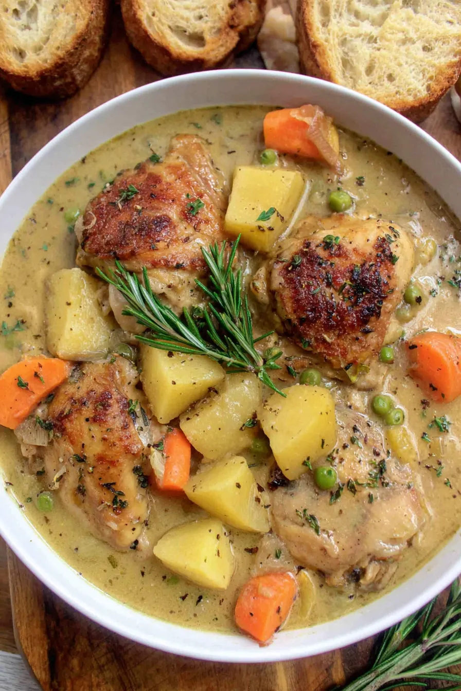 Slow cooker filled with chicken stew simmering