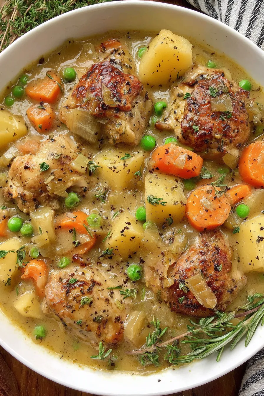 Bowl of slow cooker chicken stew garnished with parsley