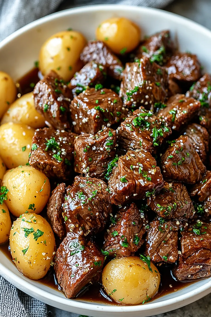 Slow cooker garlic butter beef bites in a white serving dish