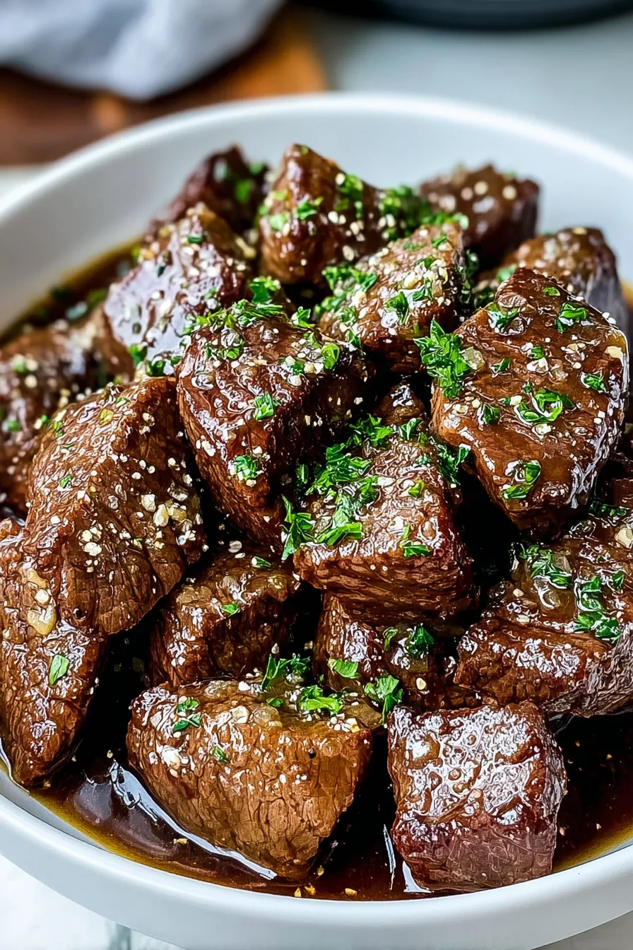 Seared beef bites in a skillet before slow cooking
