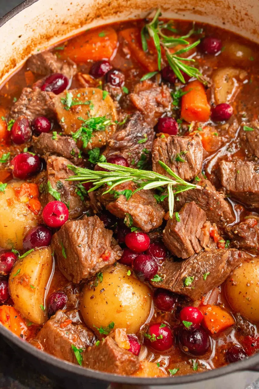 Bubbling cranberry apple beef stew in pot