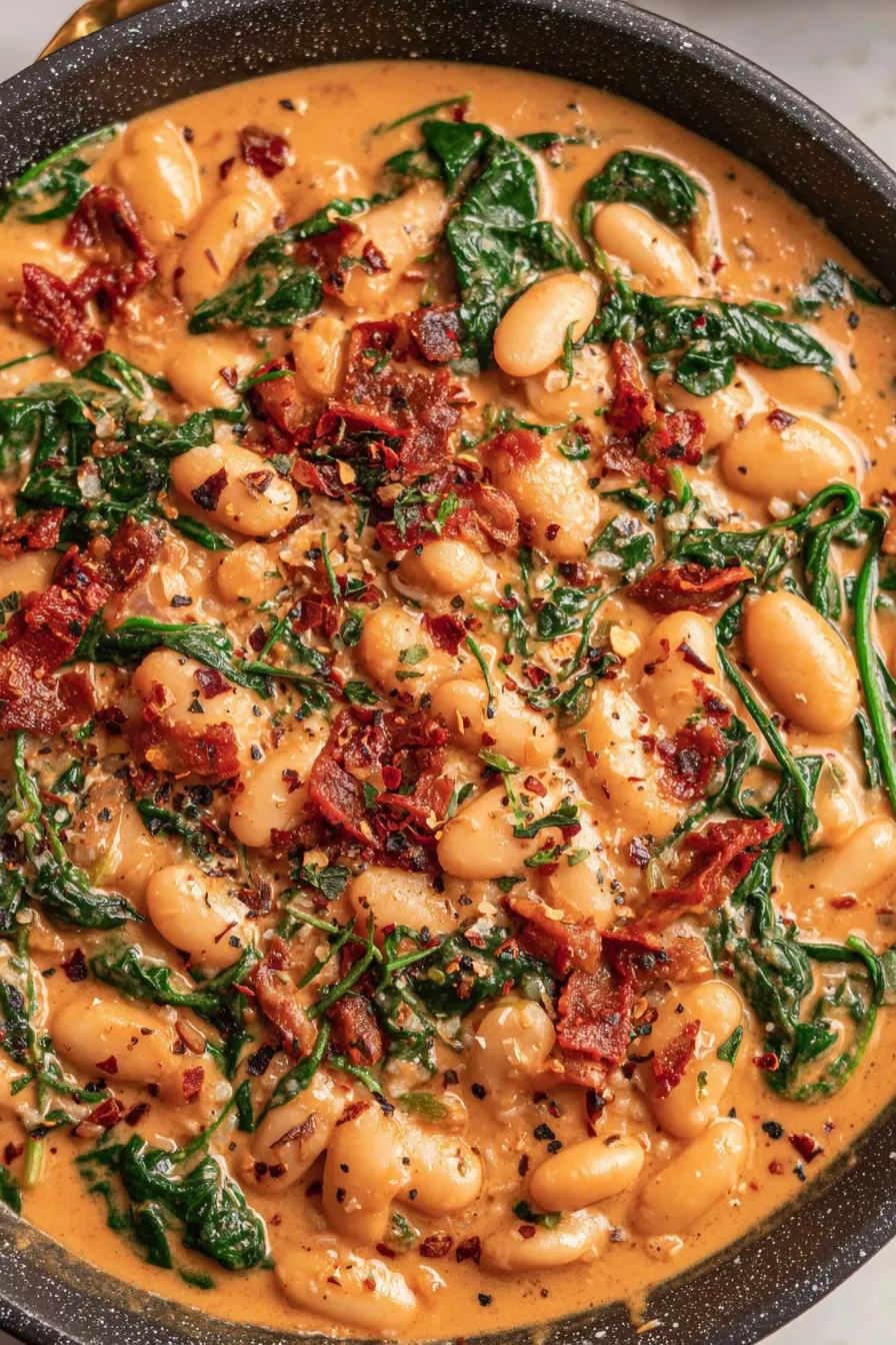Sun-dried tomatoes and butter beans in skillet