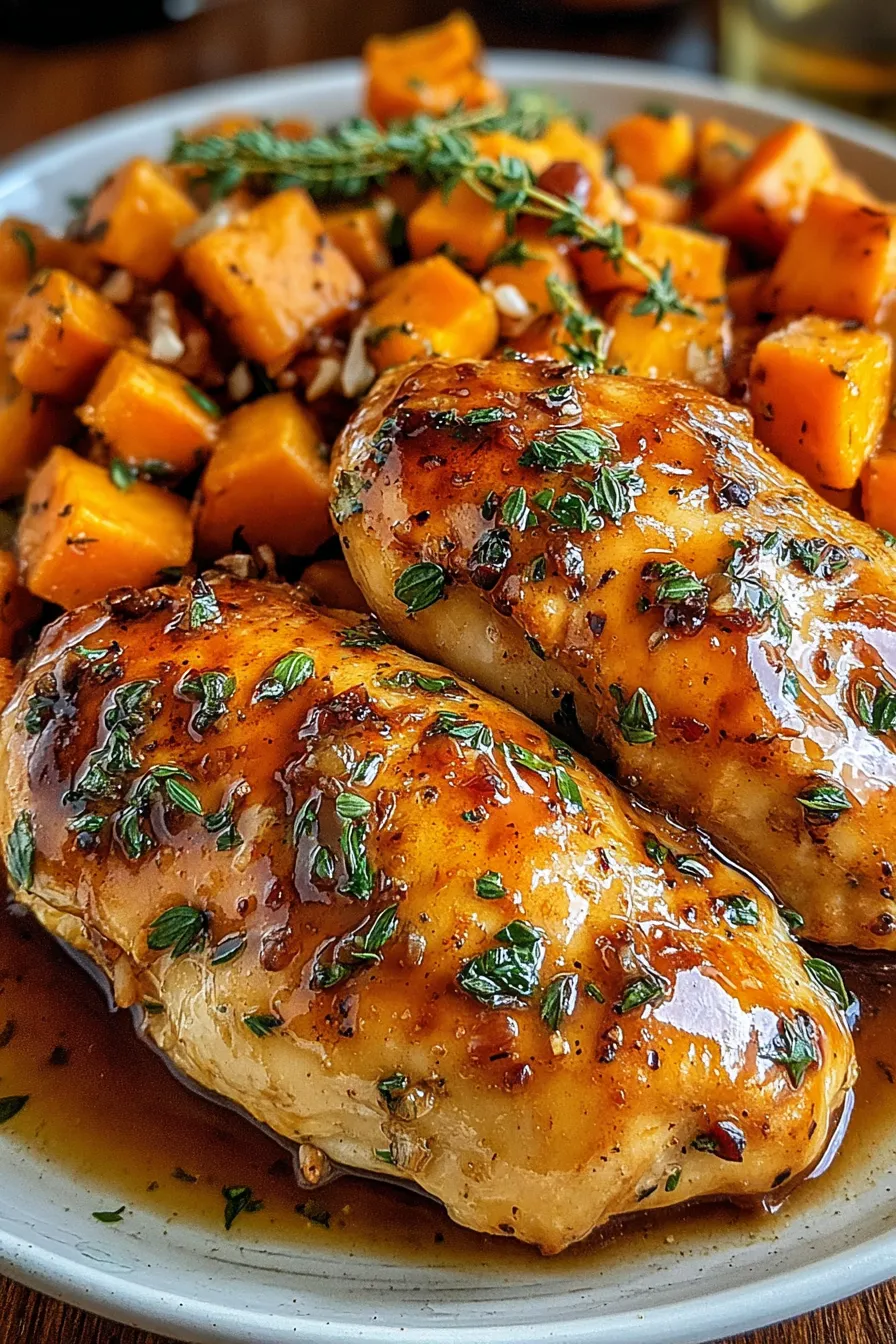 Tray of maple-glazed chicken and roasted sweet potatoes