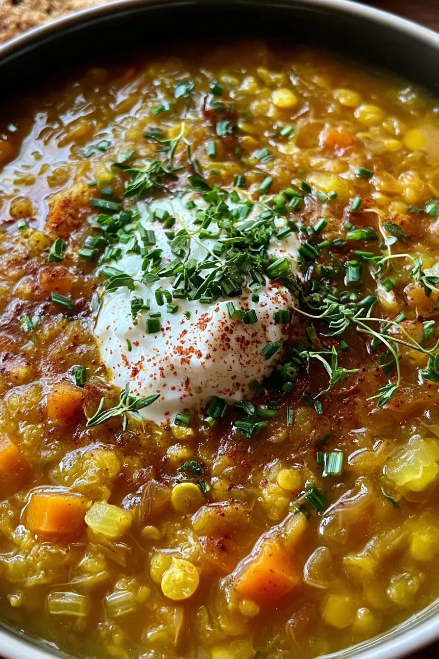 A steaming bowl of pea soup with sour cream swirl