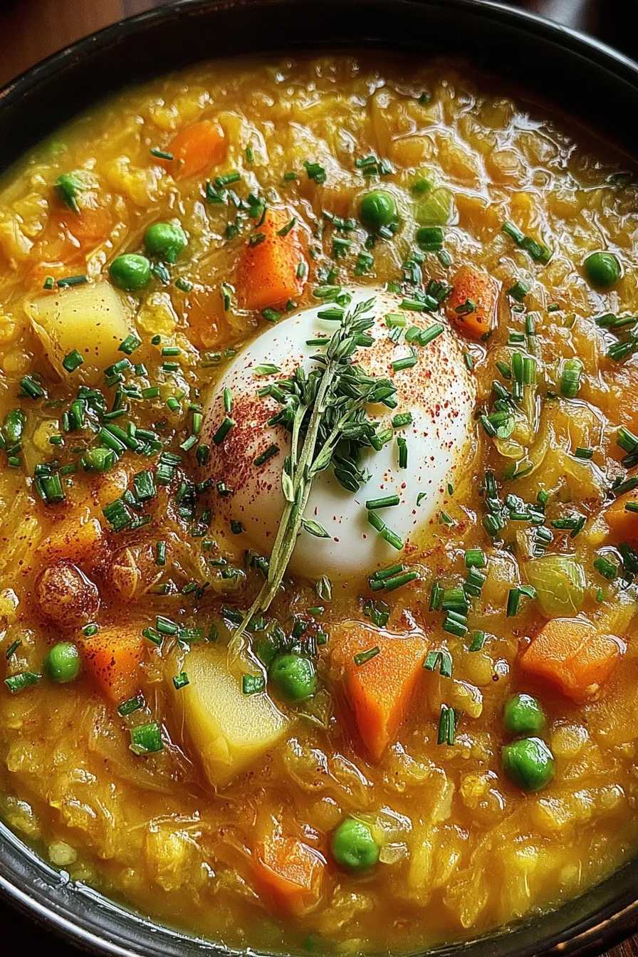 Top view of pea soup with garnish