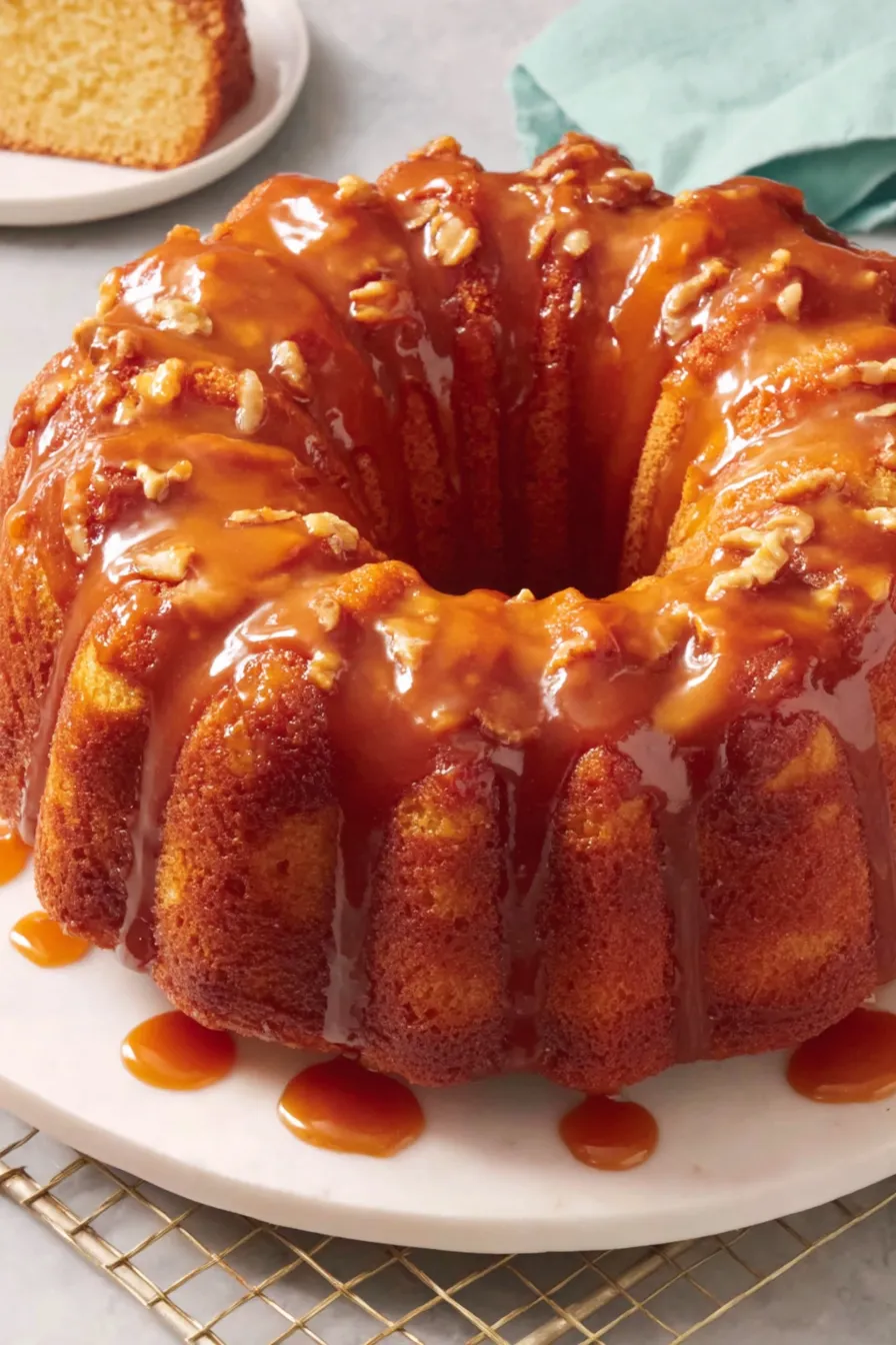 Glazed apple cake on a wire rack, caramel dripping