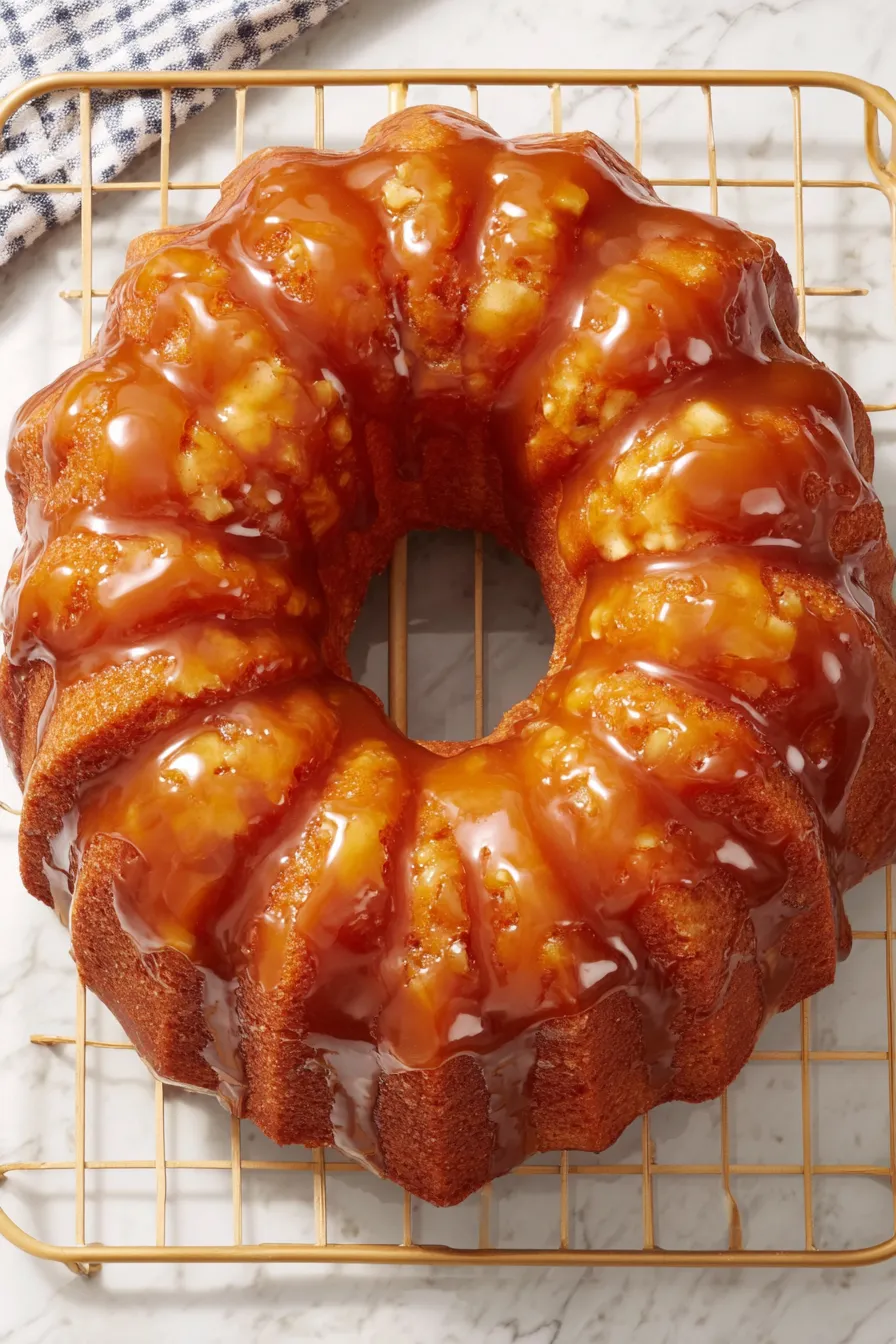 Batter being stirred in a bowl with apples and walnuts