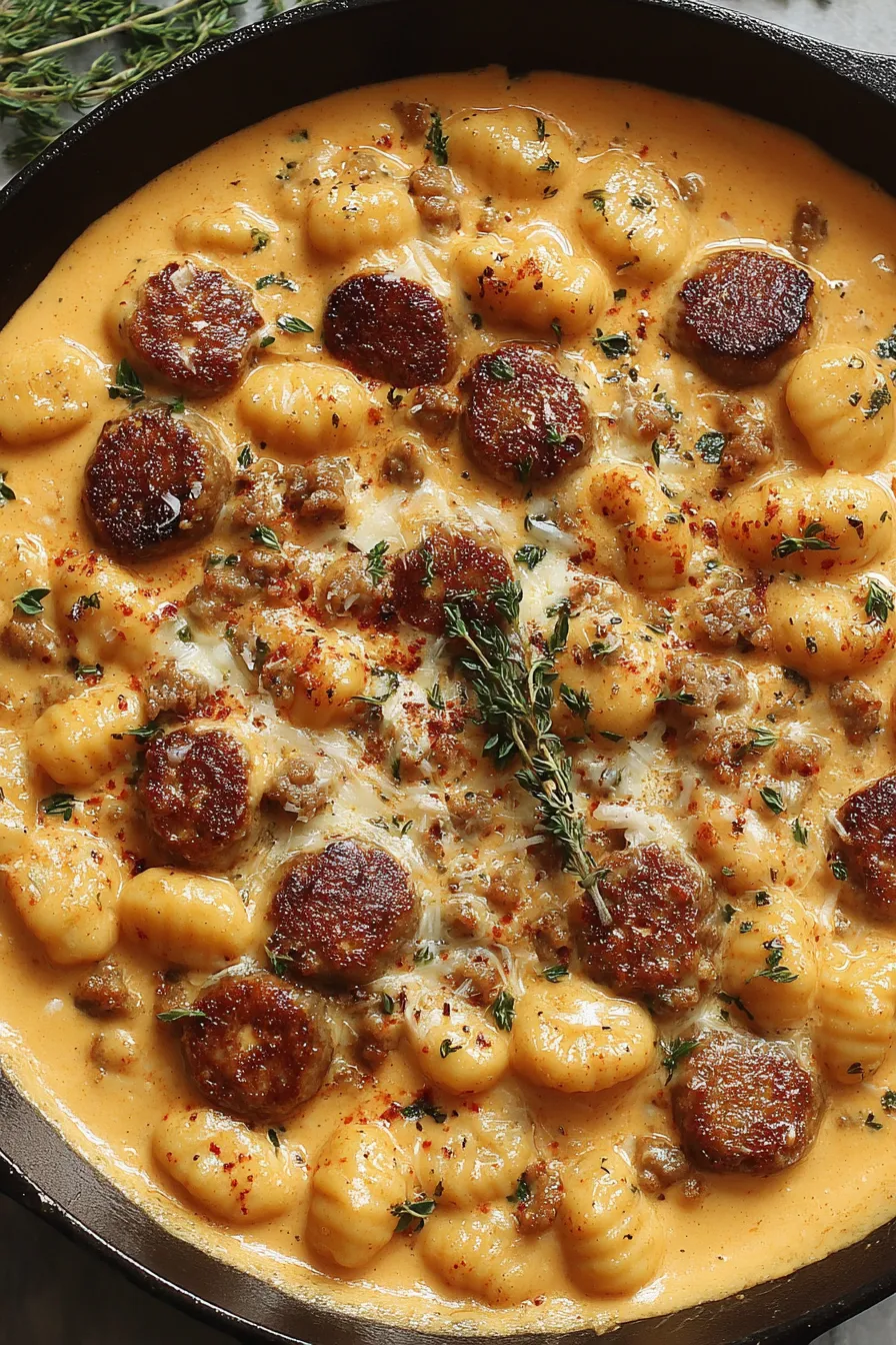 Browning sausage and simmering gnocchi in creamy squash sauce