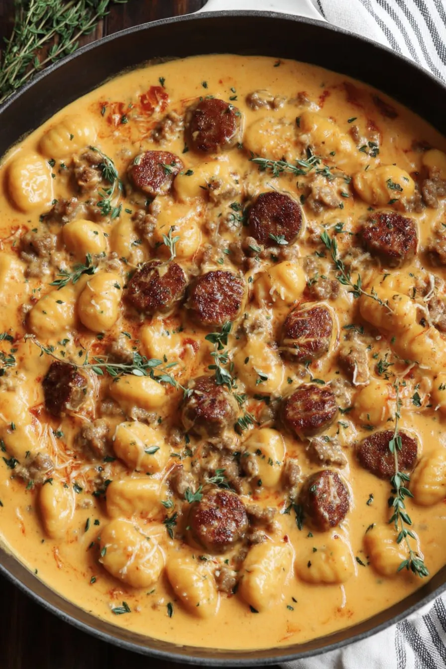 Plated gnocchi finished with fresh sage and thyme