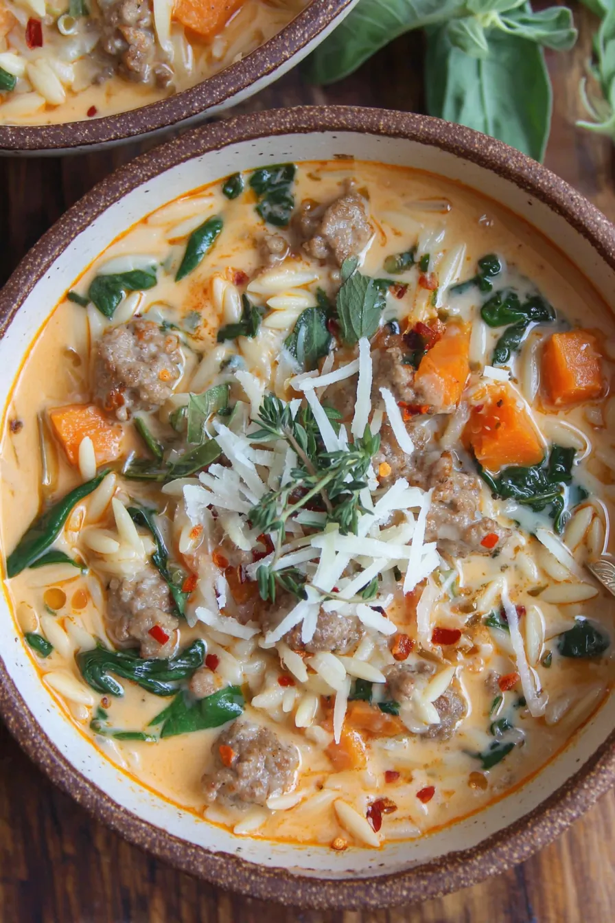 Bowl of creamy butternut squash and sausage soup garnished with parmesan
