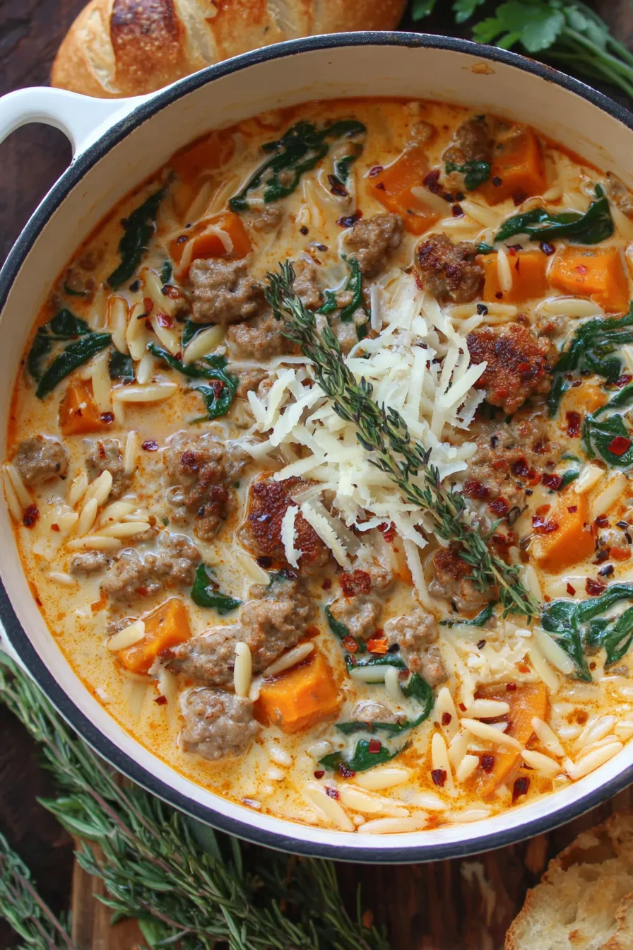 Spoon lifting creamy squash soup with orzo