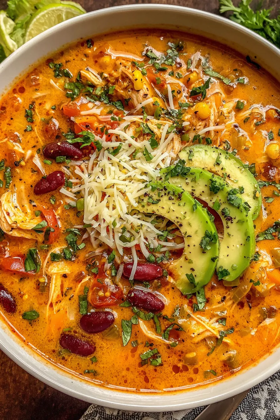 Creamy Chicken Enchilada Soup simmering in a pot