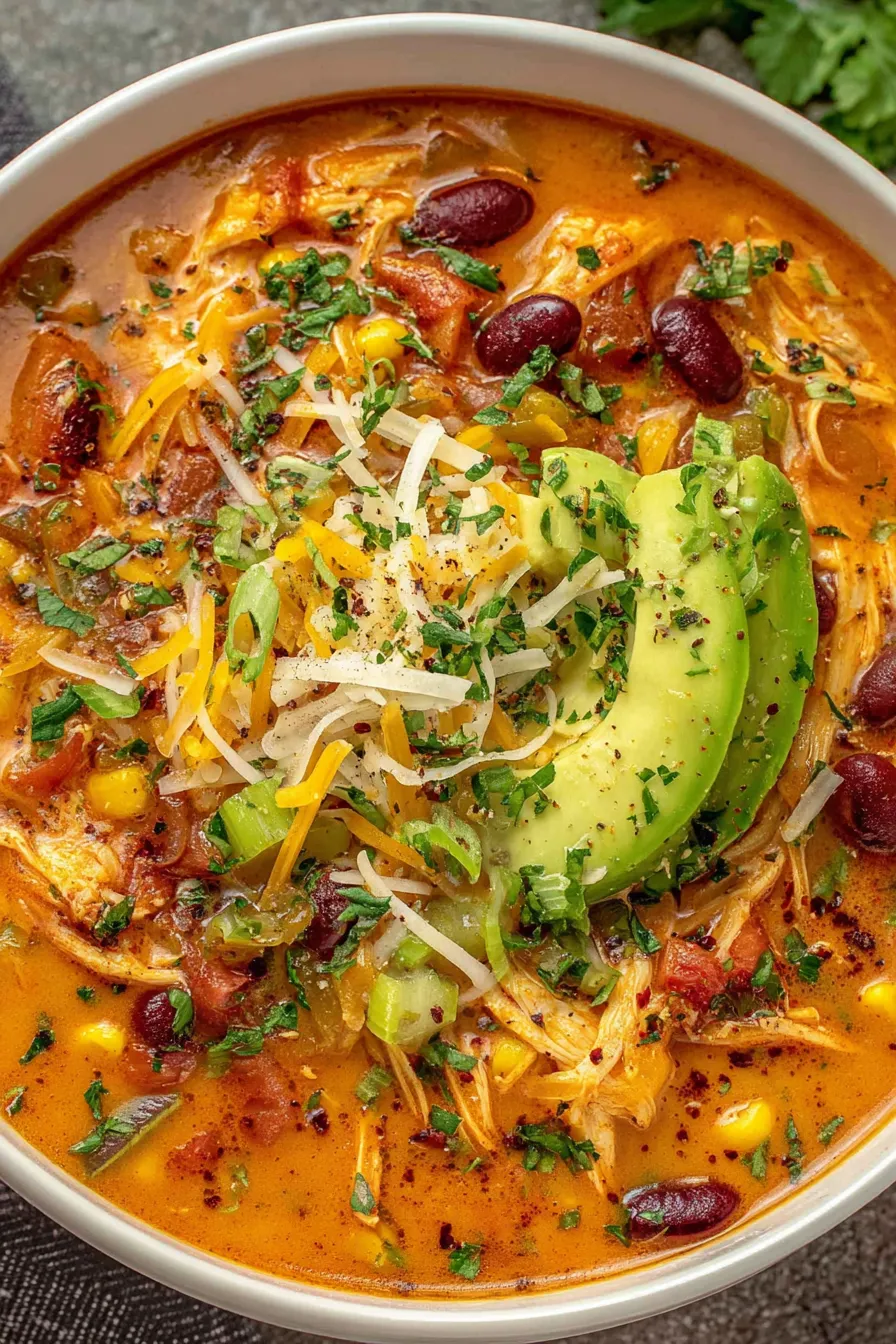 Bowl of creamy enchilada inspired soup topped with cheese