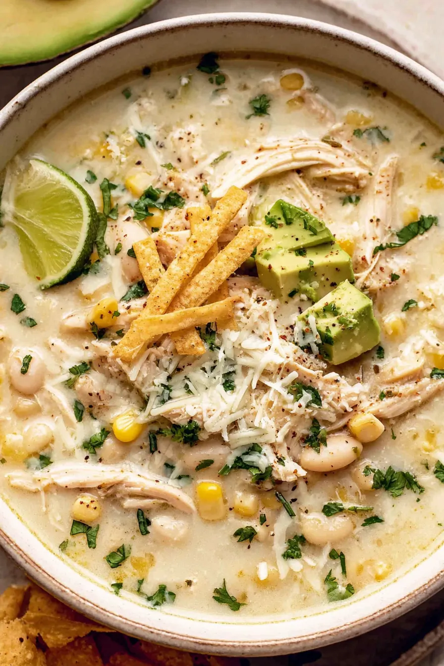 Bowl of creamy white chicken enchilada soup topped with cilantro and avocado