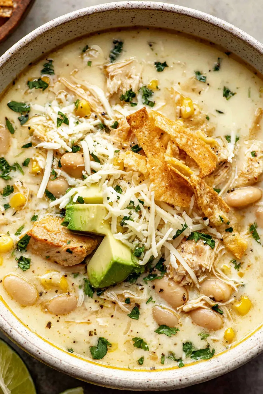 Close-up of creamy soup with shredded chicken and beans