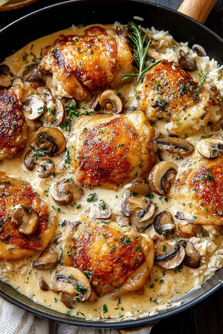seared chicken thighs in skillet