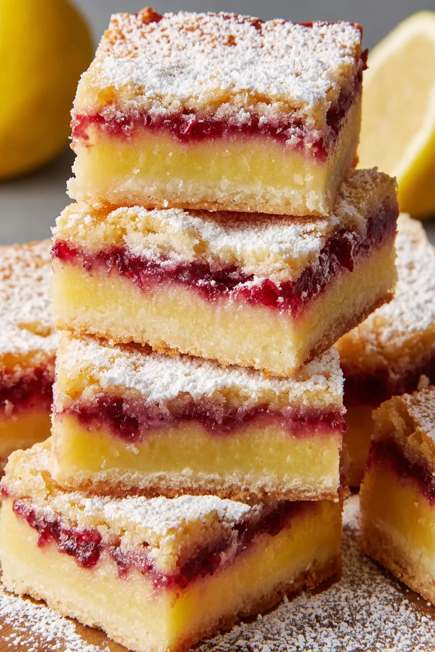Close up of lemon custard layer with cranberry ribbon