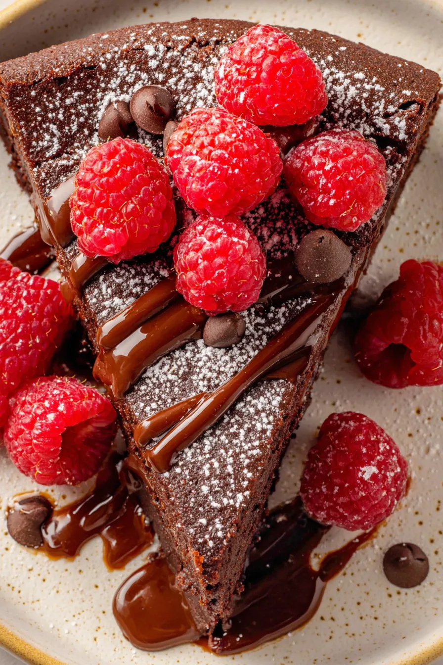 Fudgy flourless chocolate cake with ganache being poured