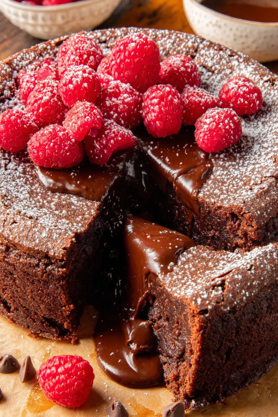 Close-up slice of fudgy flourless chocolate cake with raspberries