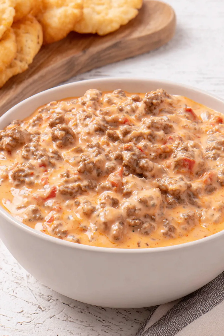 Bowl of served Velveeta cheese dip with chips