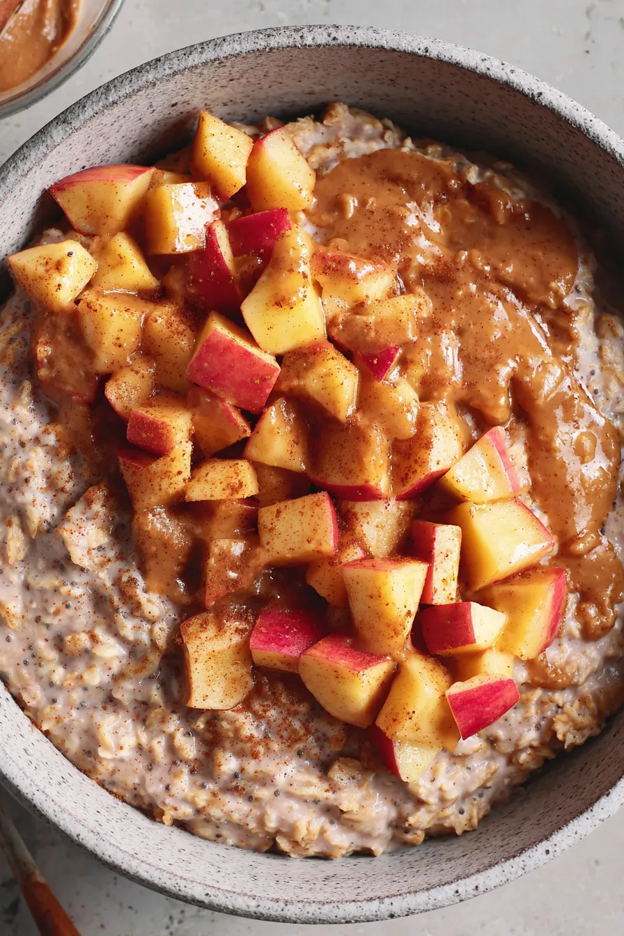 Buttery spiced apples topping a bowl of oatmeal